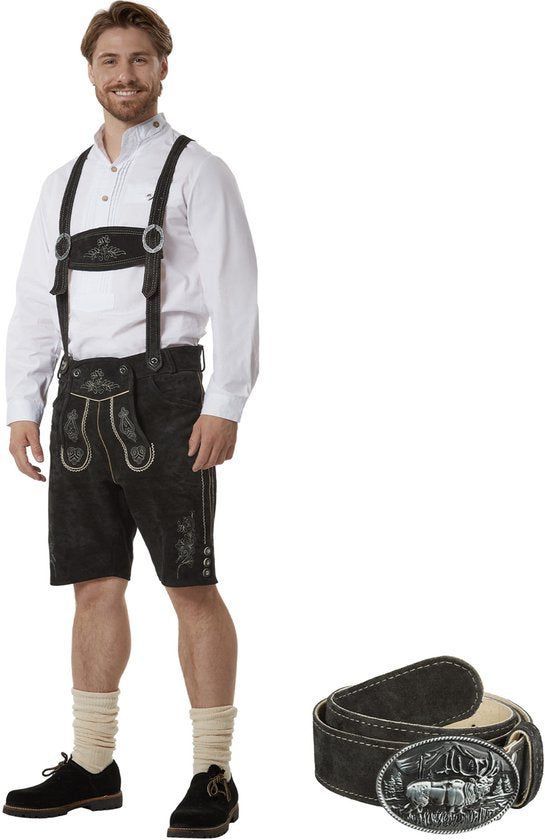 Dressforfun Jannis - Korte Lederhosen - Echt Leer Met Riem En Bretels - Zwart - 54