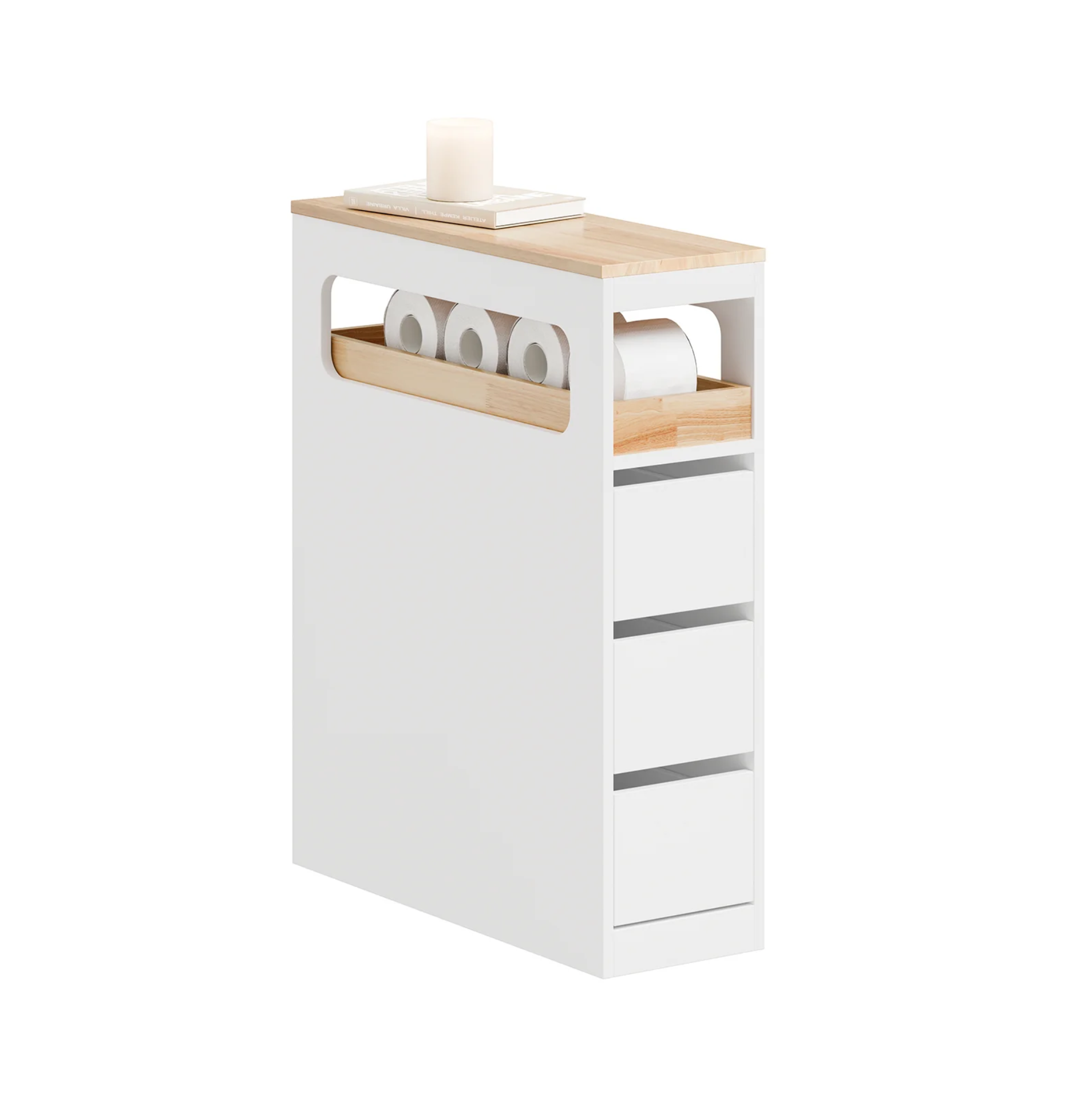 SoBuy Smalle Badkamerkast Op Wieltjes - 65x23x82 Cm - 3 Lades - Open Vak - Mdf&Hout - Wit/Naturel