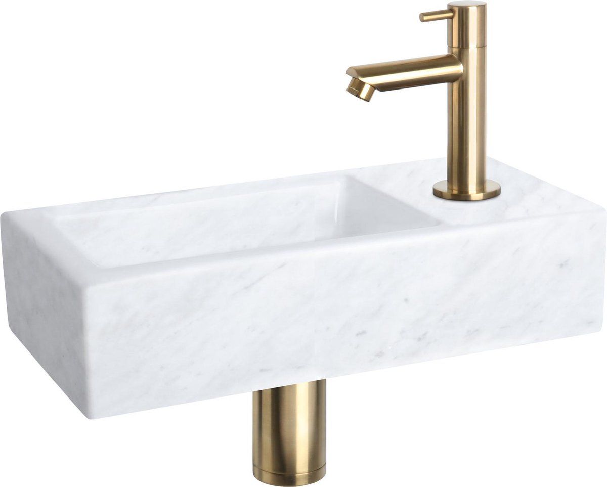 Differnz Helios - Fonteinset - Wasbak Marmer - Mat Goud - Koudwaterkraan - 37.5 X 18.5 X 9.5 Cm