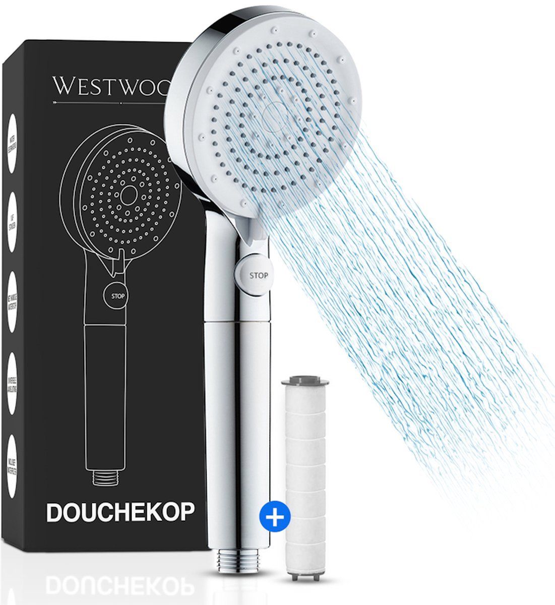 Westwood® Douchekop - Waterbesparend Met Filter - 5 Sproeistanden Hoge Druk - Chroom