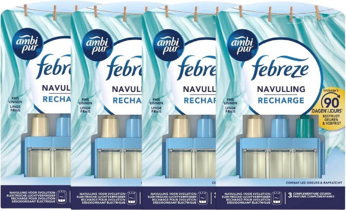 Febreze Ambi Pur - Fris Linnen Navulling (20 Ml) - 4 Stuks - Combi-Pack - Voordeelverpakking