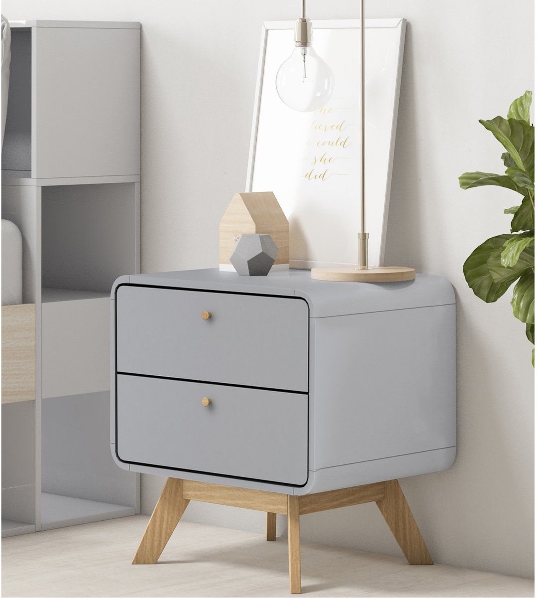 Loft Cassie|Nachtkastje Met 2 Laden In Houtlook Grijs