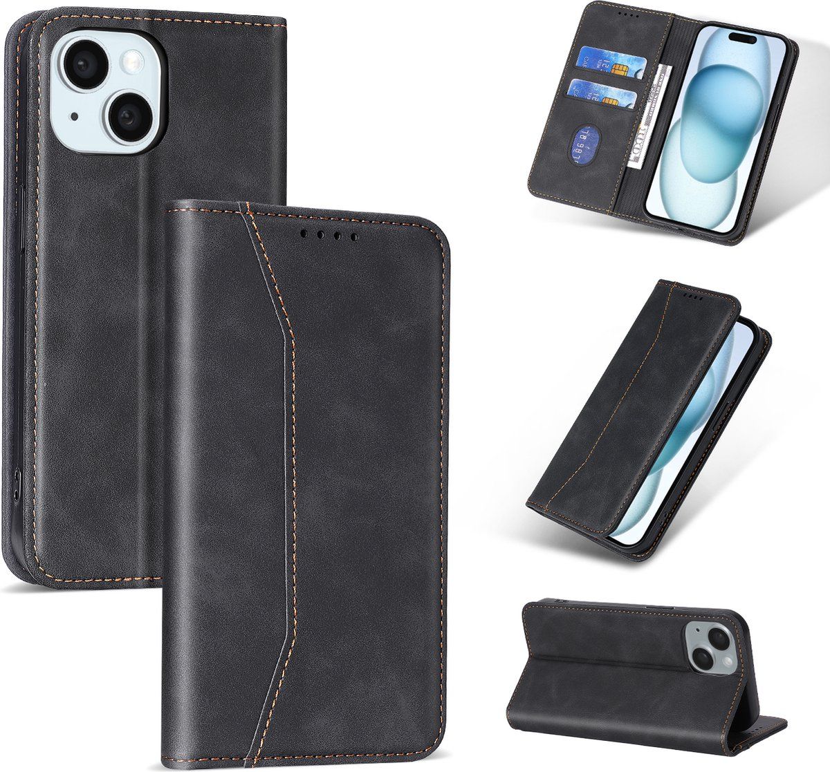 Podec IPhone 15 - Hoesje Met Pasjeshouder - Anti-Shock Wallet Case Met Screenprotector - Zwart