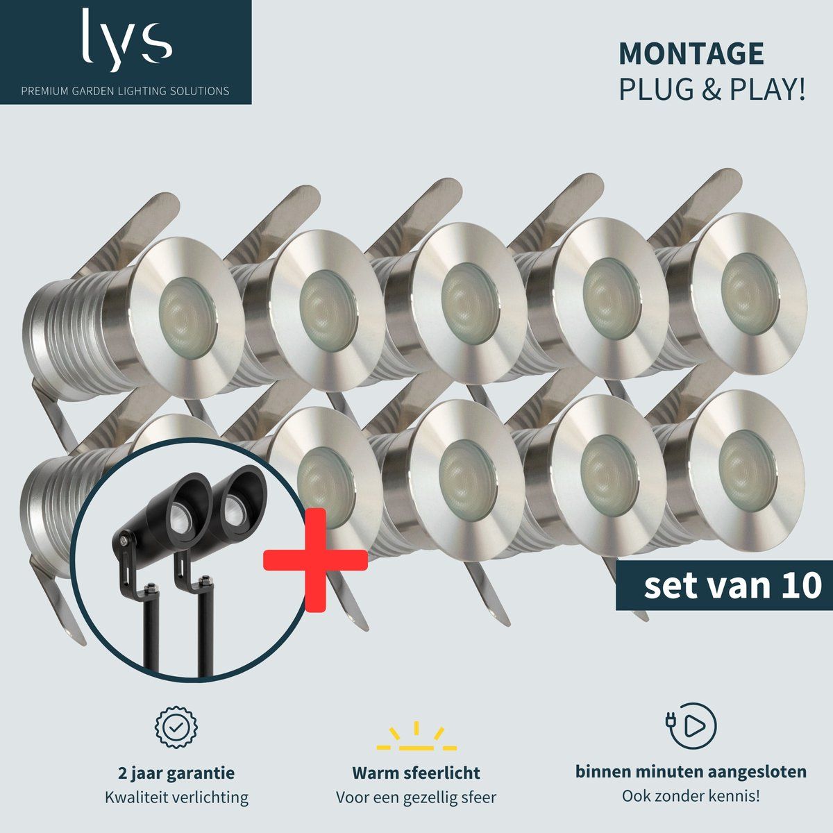 Lyslight Olan Grondspots Complete Set - Tuinverlichting - 10 Aluminium/Rvs Spots - Plug And Play - Zilvergrijs (10 Stuks)