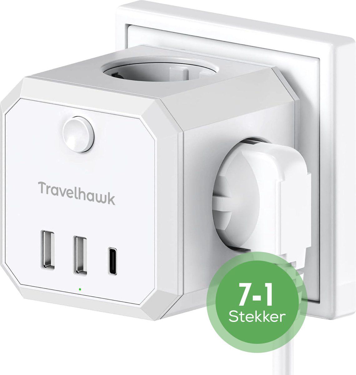 Travelhawk 20W Verdeelstekker - Usb-C Snellader - Stopcontact Splitter - Usb-C + Usb-A - Stekkerdoos Powercube - Wit