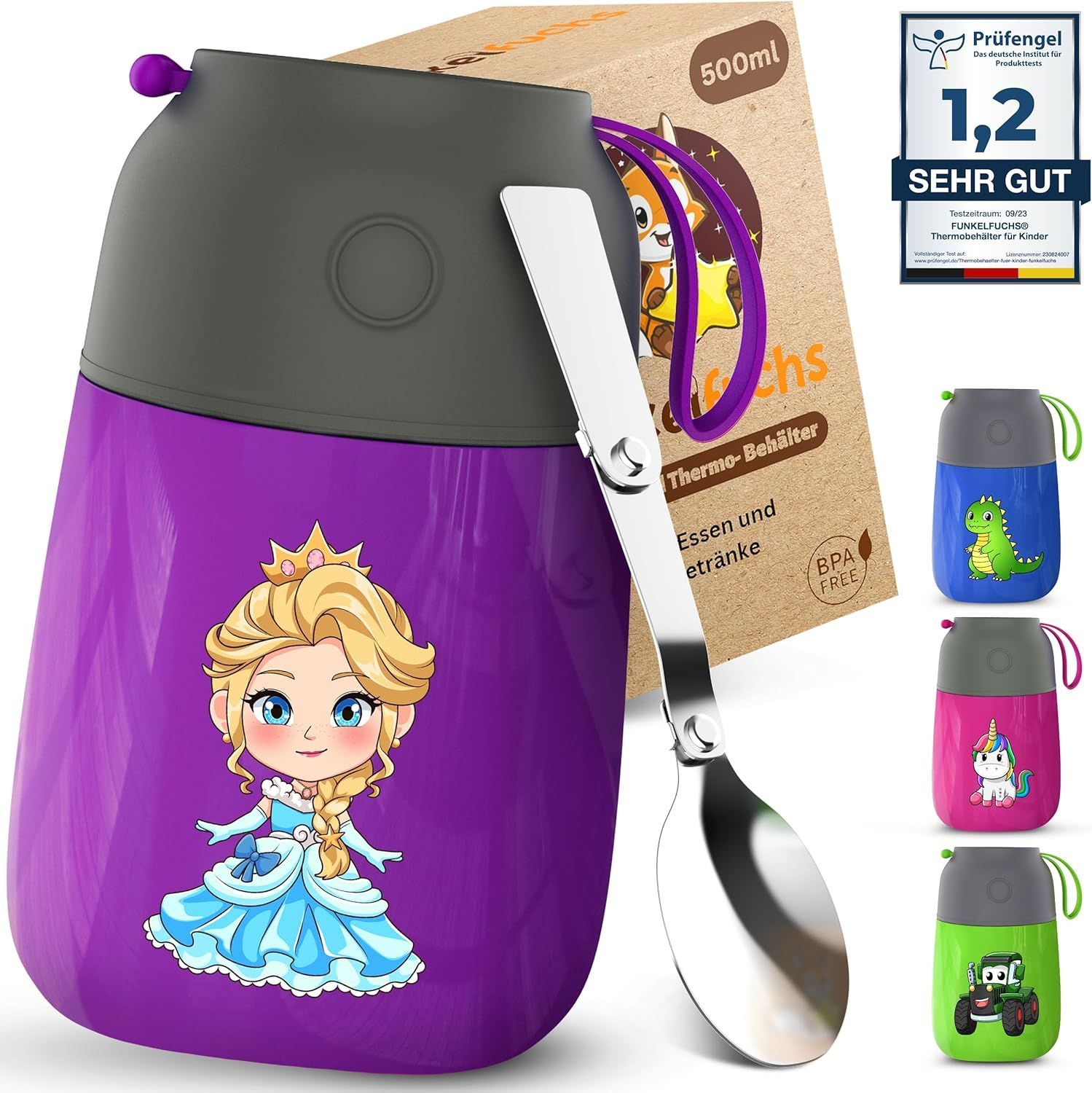 Funkelfuchs® thermosbeker - 500ml - 100% lekvrij - paarse prinses