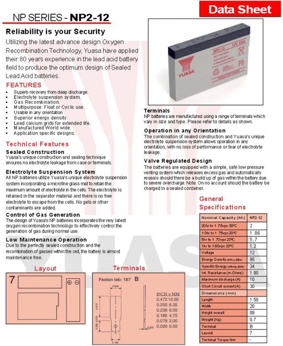 YUASA NP2-12 accukabel PB 12 volt 2000mAh, niet langer beschikbaar, maar we leveren een identieke batterij