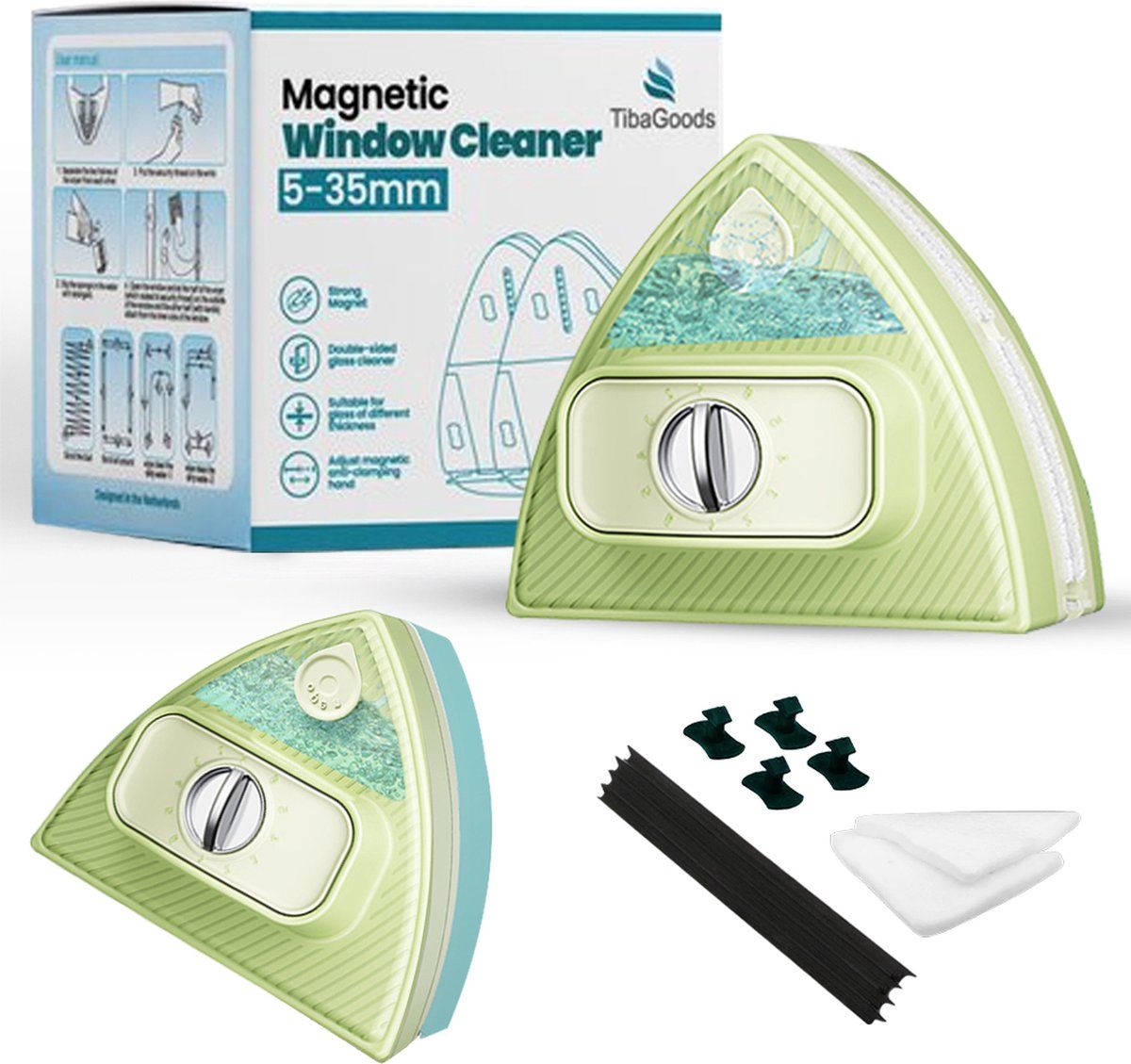 TibaGoods Ramenwasser Pro - Magnetische Ruitenreiniger - Dubbelglas 5-35 mm - Groen