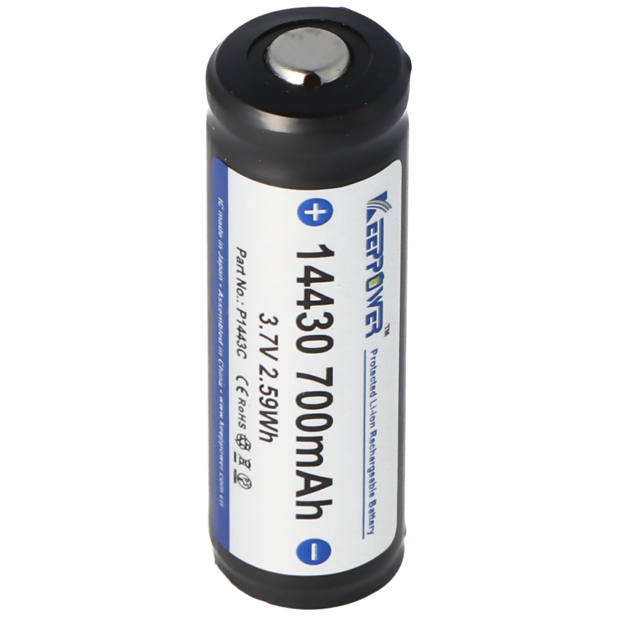 Keeppower 14430 - 700mAh, 3,7 V Li-ionbatterij beschermd