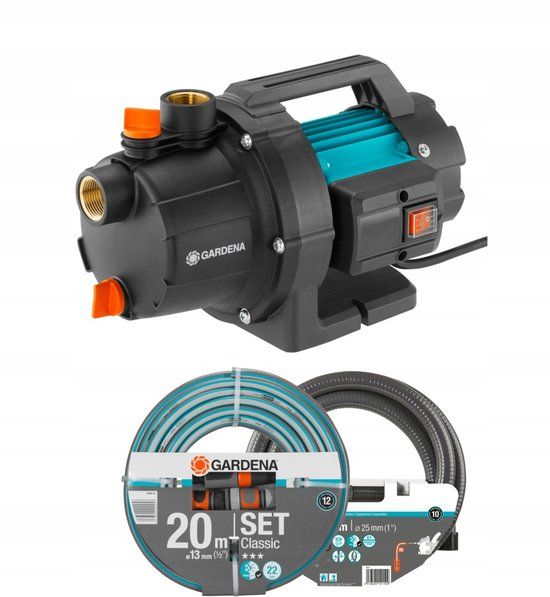 Merkloos Gardena Besproeiingspomp 3000/4 Waterpomp - Set - 3, 5 M Aanzuigslangset - 20 M Beregeningsslangset,