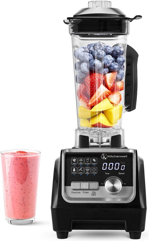 Kitchenwell Power Blender – 2000W – 2L – Smoothie Maker & IJscrusher – 9 Standen – Rvs/Zwart