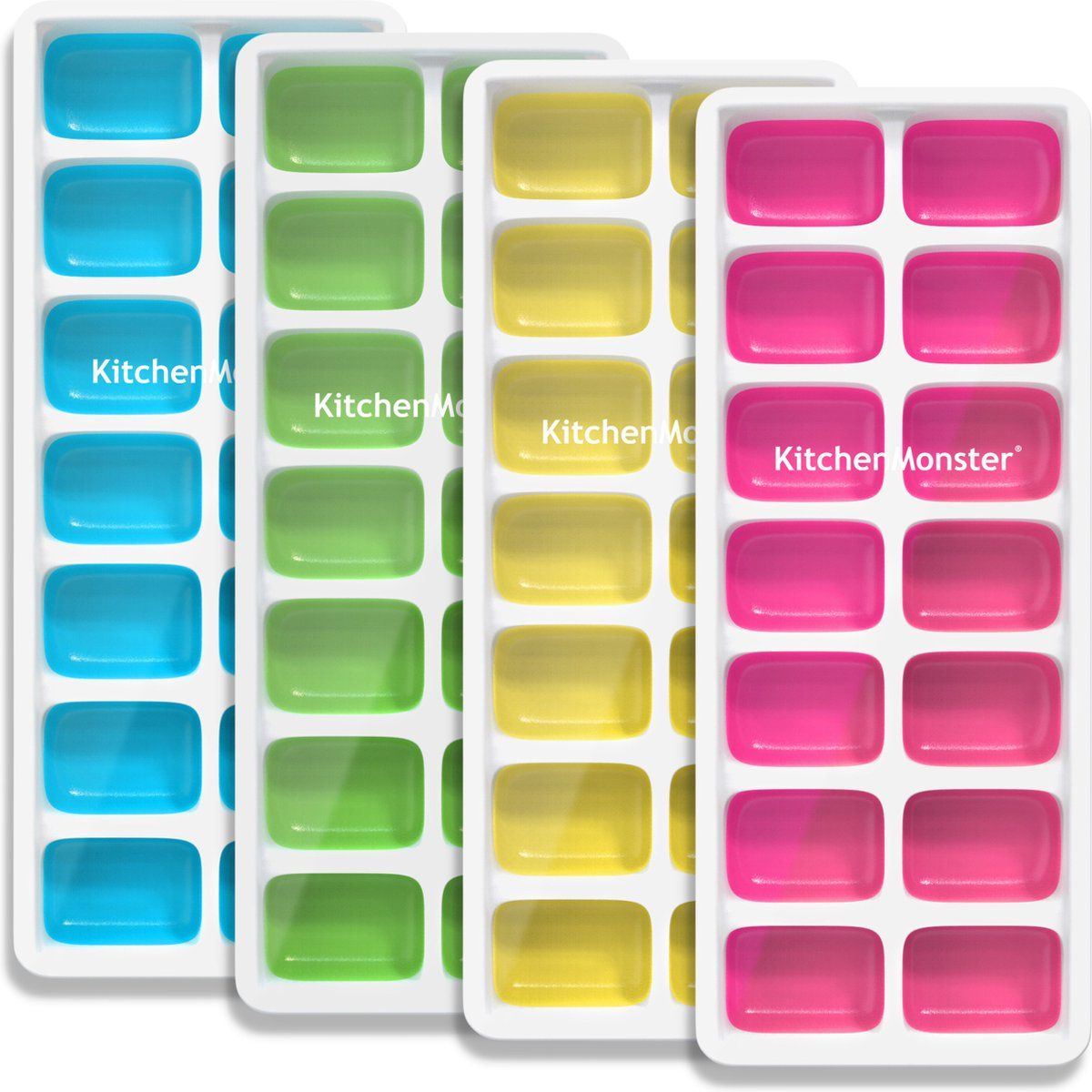 Kitchen Monster KitchenMonster® IJsblokjesvorm Voor IJsblokjes - Set Van 4 IJsvormpjes - IJsblokjesvorm Met Deksel - IJsblokjesvorm Silicone Blauw, Groen, Geel, Roze