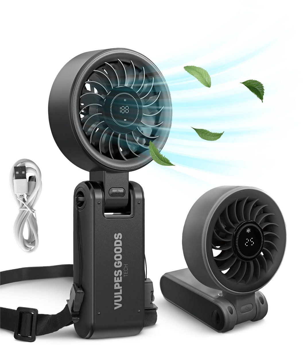Vulpes Goods® Handventilator Pro - 3in1 Draagbaar - Oplaadbaar Usb Ventilator - 4000 MAh - 5 Snelheden - Opvouwbaar Design - Zwart