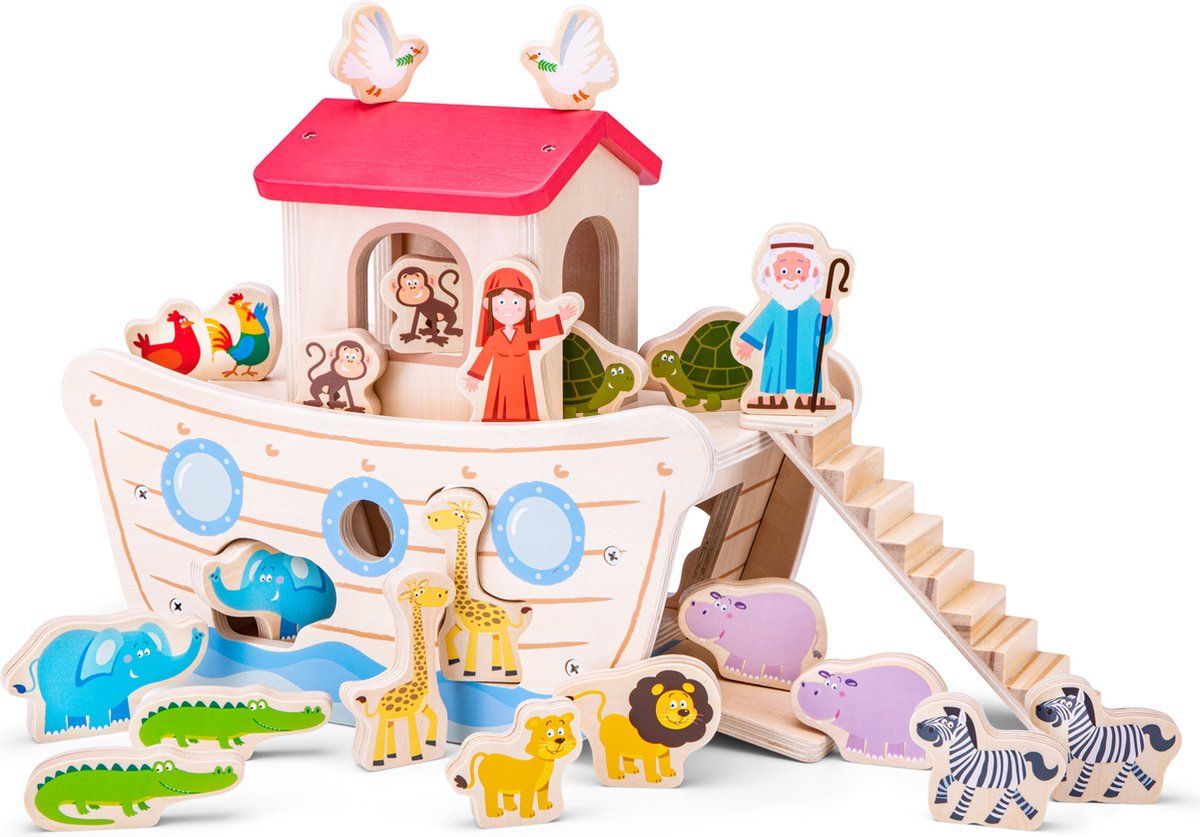 New Classic Toys® Houten Ark Van Noach Speelset - Educatief Speelgoed Met Vormenstoof - Inclusief 10 Paar Dieren (10 Paar)