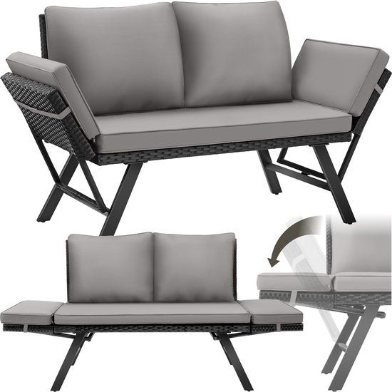 Tectake® 2-in-1 Wicker Loungesofa Sintra - Ligbed Met Verstelbare Leuningen - Uv- En Weerbestendig - Lichtgrijs/Zwart