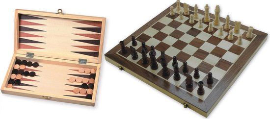 HOT Games - Schaak-backgammon klapcassette - Houten speelveld 29x29 cm - Bruin