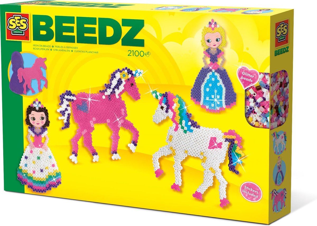 SES Beedz - Strijkkralen met legborden - grondplaten, 2100 strijkkralen en strijkvel - eenhoorns en prinsessen - unicorn - met glitterkralen en stickers - PVC vrij