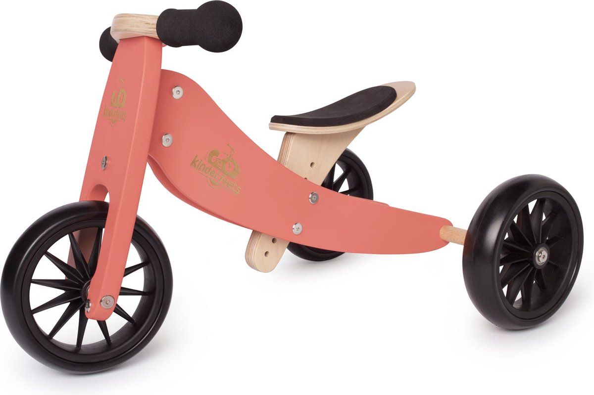 Kinderfeets Tiny Tot - 2-in-1 Houten Loopfiets&driewieler - Voor Peuters 12-24 Maanden - Koraal Roze